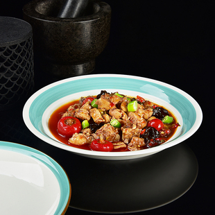 东南亚风墨绿色陶瓷圆深盘餐厅精致烧菜炒菜盘加深盘商用酒店餐具