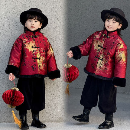 男童棉服套装2024冬季新款红色棉衣加绒加厚外套儿童贺岁拜年服潮