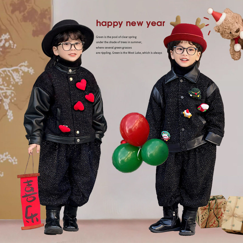 儿童冬季夹克套装加绒皮衣男童两件套加厚保暖过年装帅气潮酷童装