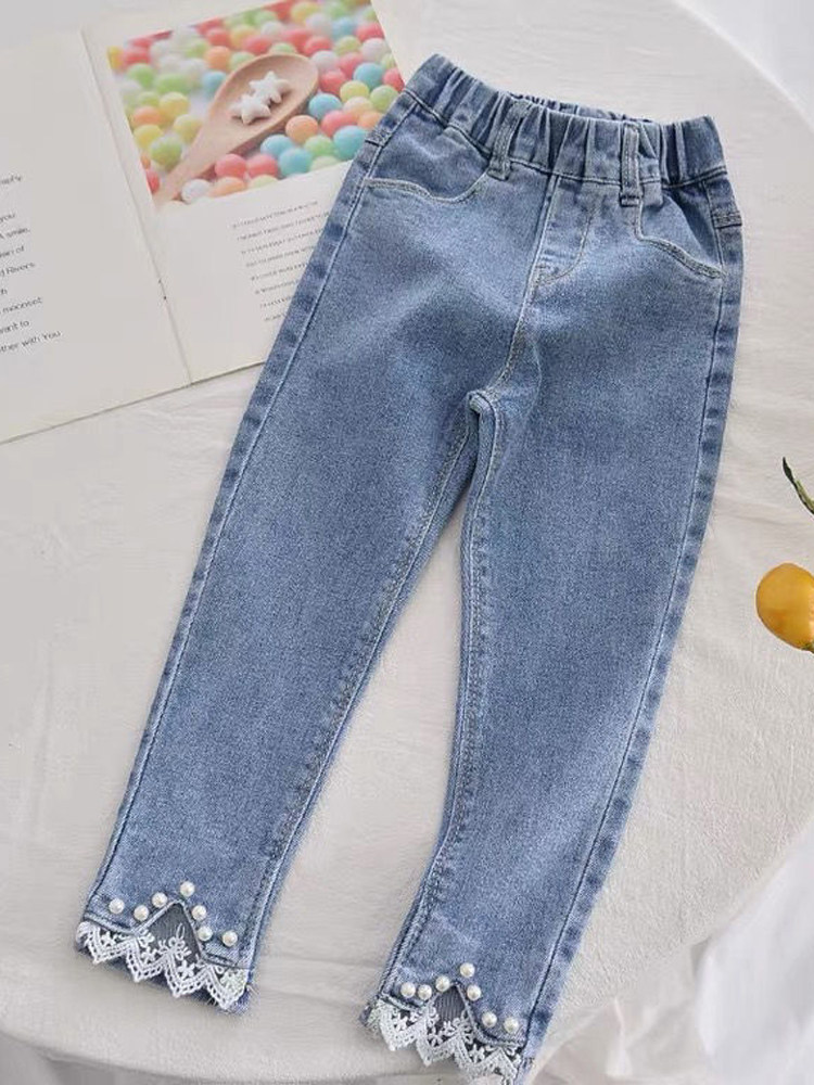 GIRLS PEARL JEANS 2024 AUTUMN CLOTHES NEW PANTS 4 SPRING AND AUTUMN KOREAN VERSION FOREIGN STYLE 5 BABY GIRL STRETCH PANTS TIDE