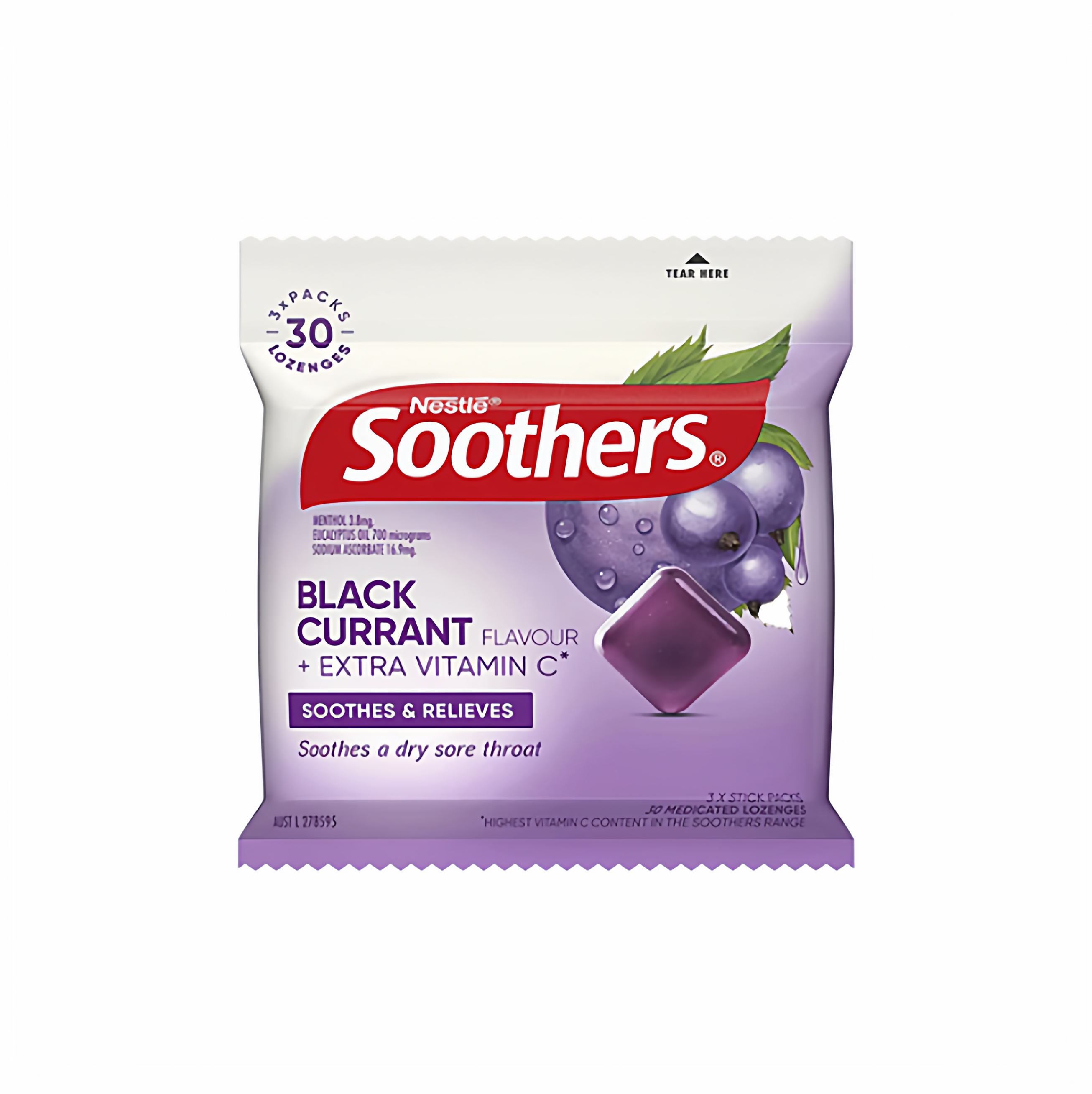 澳洲雀巢Soothers润喉糖温和清凉黑加仑味30粒袋装 维c薄荷醇清新