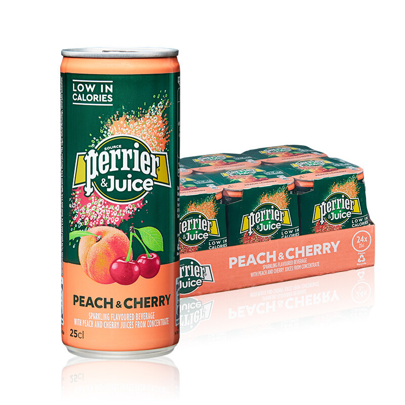 法国进口 perrier巴黎水 桃子樱桃味含气果汁果味饮料250ml*24罐