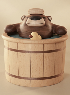 原上城实木创意家居摆件洗澡熊巴巴造型高级可爱治愈系工艺品礼物