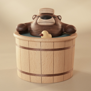 原上城实木创意家居摆件洗澡熊巴巴造型高级可爱治愈系工艺品礼物