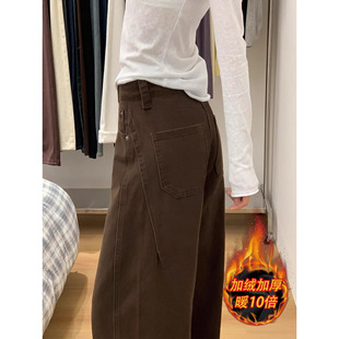 咖色阔腿牛仔裤女秋冬加绒胖妹妹梨型身材mm高腰宽松显瘦弯刀裤子