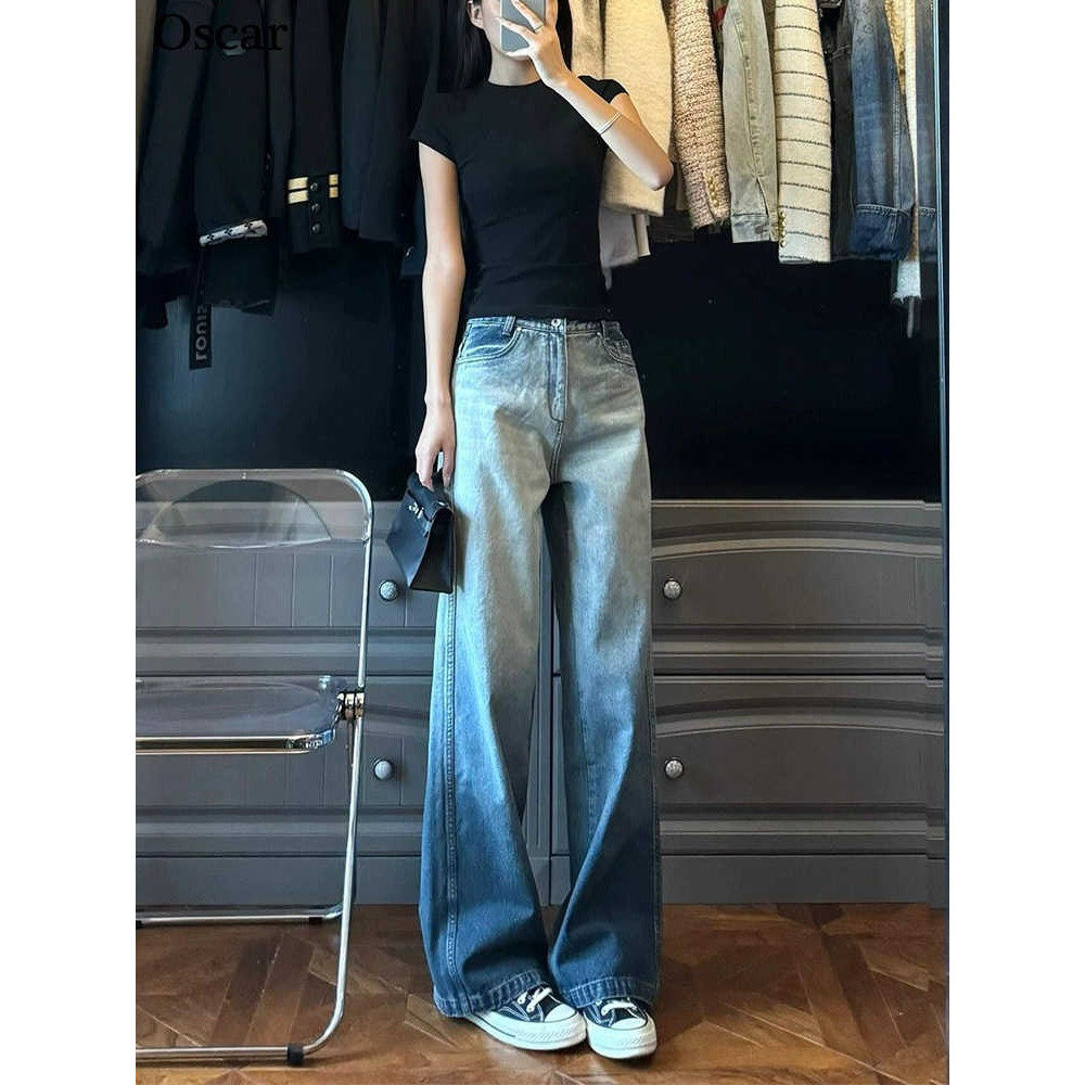 浅蓝色阔腿牛仔裤女2026春夏新款美式高腰显瘦宽松垂感窄版直筒裤