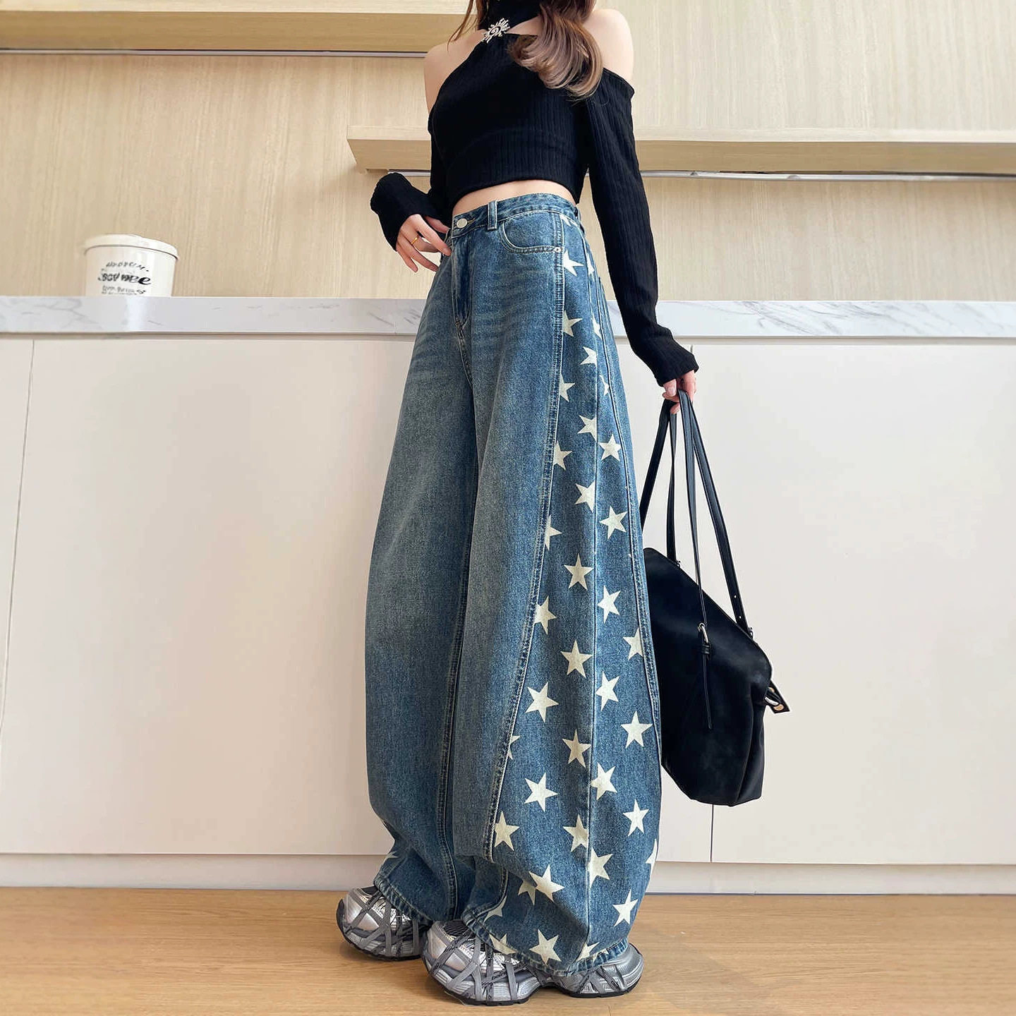 网红同款侧边五角星阔腿弯刀牛仔裤女高腰宽松显瘦垂坠感直筒裤子