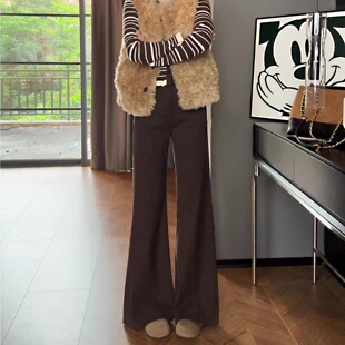咖色窄版阔腿裤女春秋季薄款新款高腰宽松显瘦垂感小个子微喇裤子