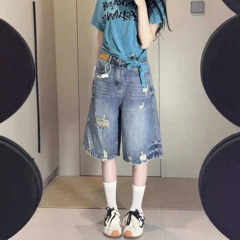 夏季新款复古破洞a字五分牛仔短裤女大码胖mm高腰直筒阔腿中裤子