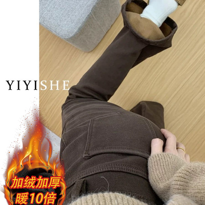 美拉德加绒咖啡色微喇牛仔裤女2025年新款秋冬低腰显瘦拖地马蹄子