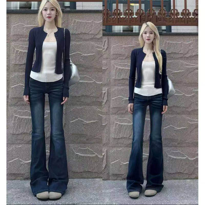 复古秋夏喇叭牛仔裤新款女秋小个子修身高腰显瘦弹力水洗拖地长裤