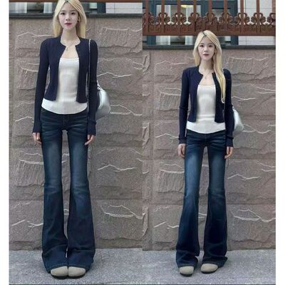 复古秋夏喇叭牛仔裤新款女秋小个子修身高腰显瘦弹力水洗拖地长裤