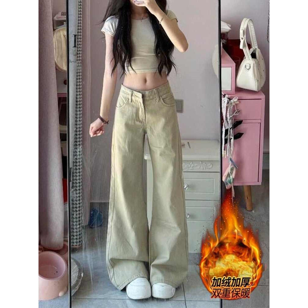 大码复古高腰加绒加厚微喇牛仔裤女秋冬新款胖mm直筒宽松马蹄裤子