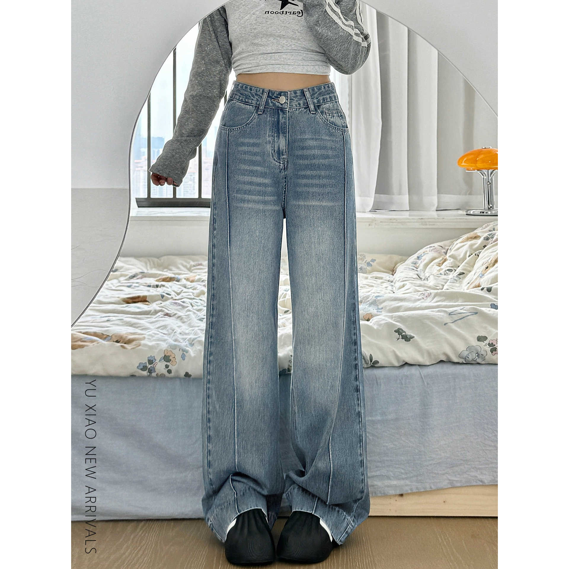 复古蓝阔腿牛仔裤男女秋冬季显瘦大码胖mm梨形身材宽松垂感直筒裤