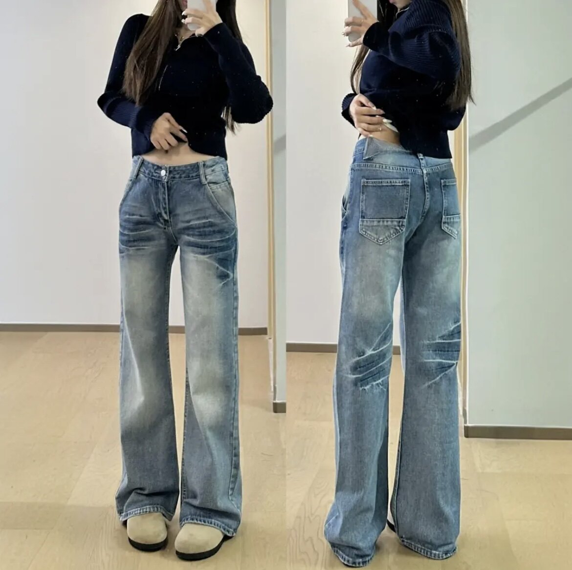 美式复古裂纹微喇牛仔裤女2026春季新品薄款低腰垂感直筒长裤子潮