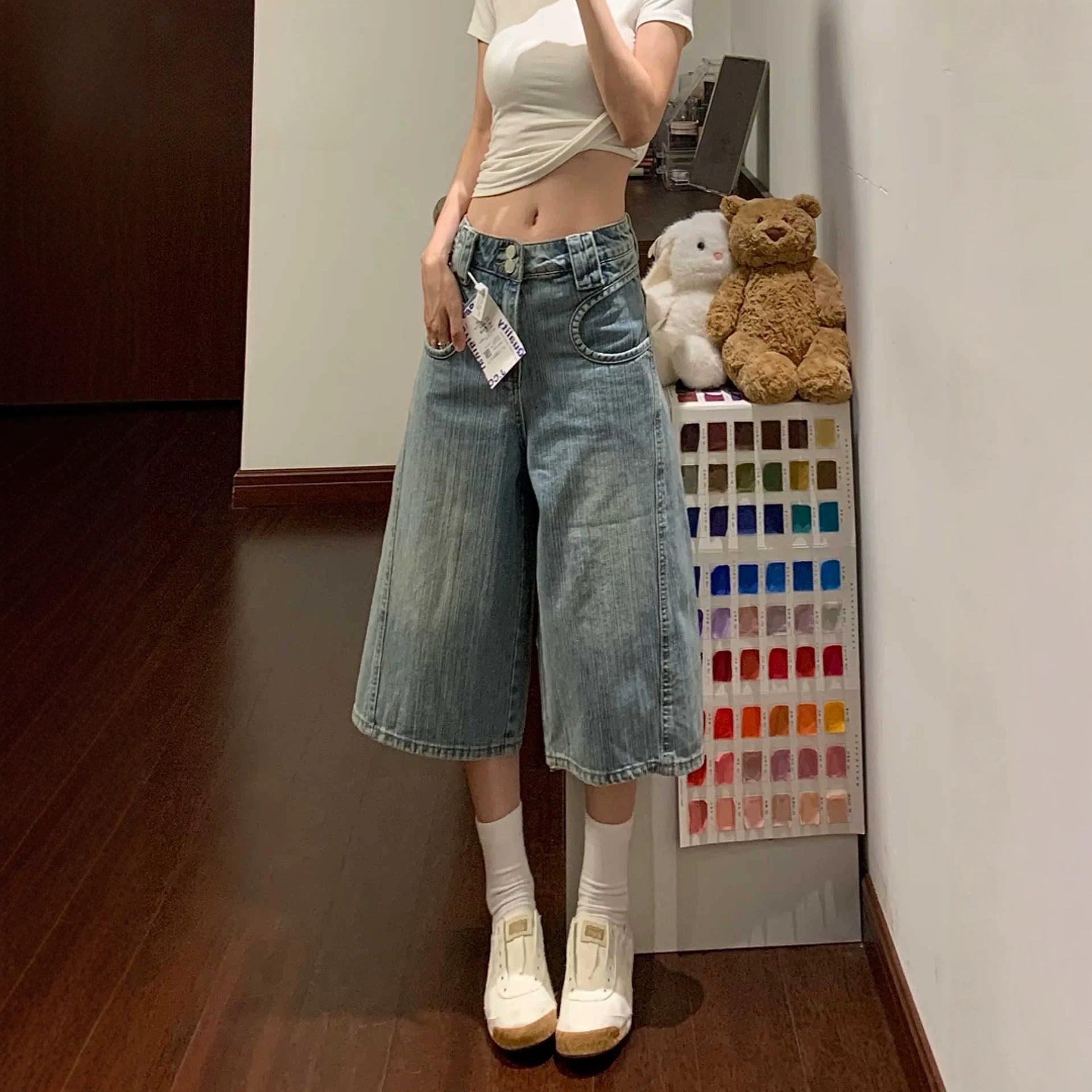 美式复古竹节纹七分阔腿牛仔裤女夏季新款高腰宽松做旧直筒中裤子