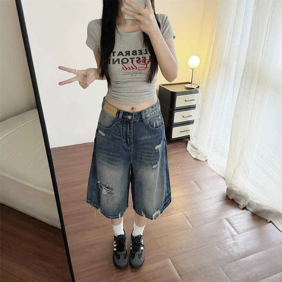 美式复古破洞做旧牛仔裤中裤女夏季新款百搭高腰显瘦阔腿裤五分裤