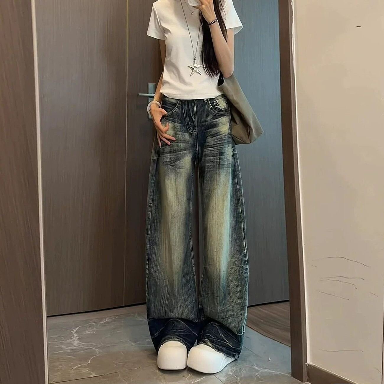 2026裤子女夏季复古蓝阔腿弯刀牛仔裤女高腰遮肉显瘦百搭拖地长裤