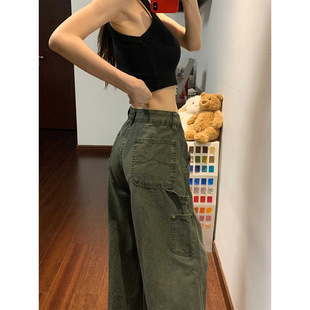 美式复古军绿色工装弯刀牛仔裤女2026春季新款宽松显瘦阔腿长裤子