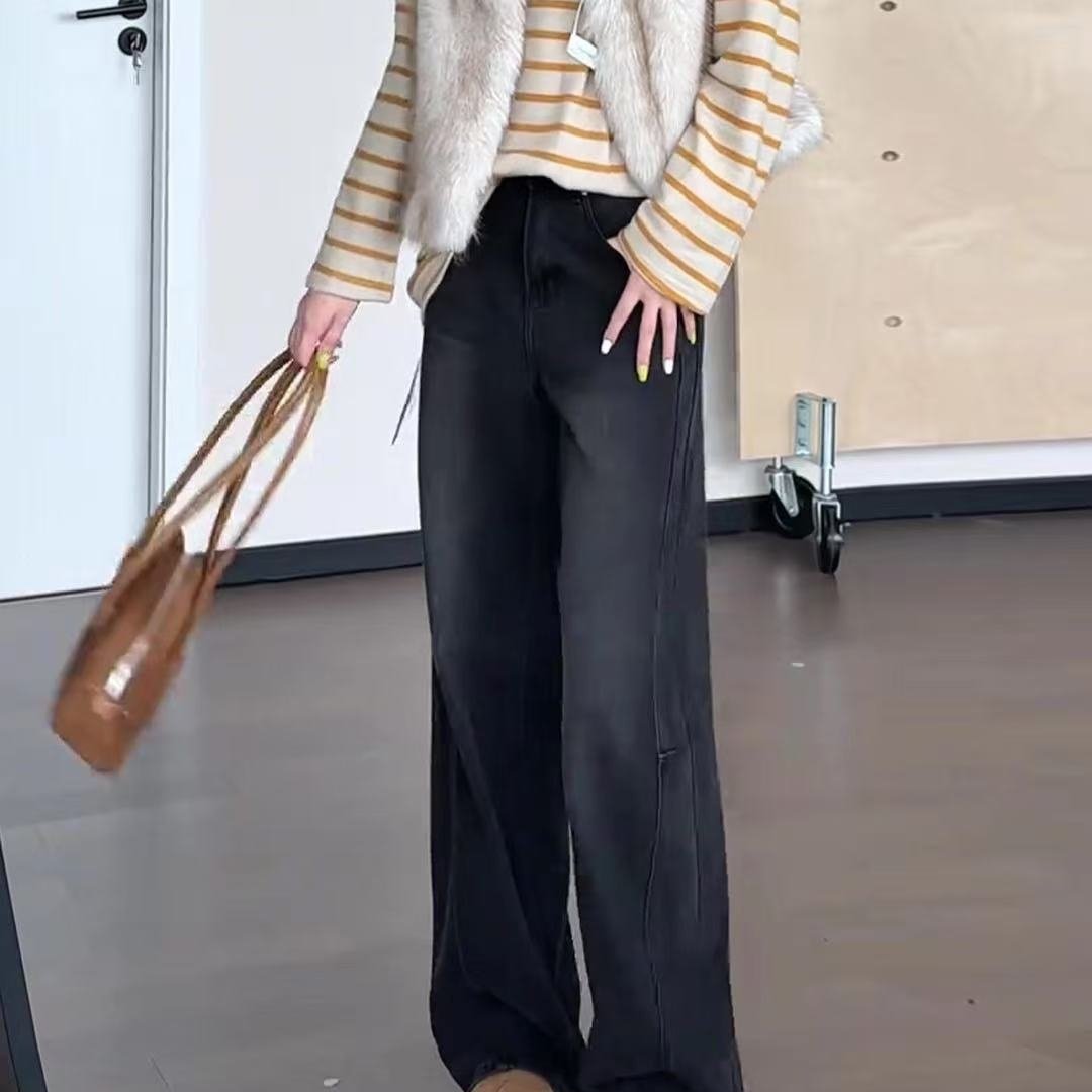 黑灰色弯刀牛仔裤女秋冬2025新款显瘦直筒裤高腰大码宽松阔腿长裤