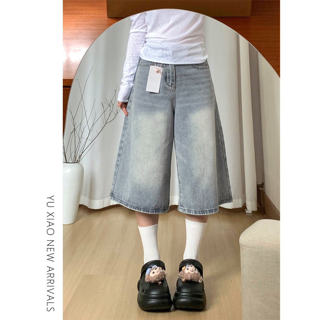 美式浅色宽松七分牛仔裤女夏季宽松大码胖mm显瘦阔腿短裤直筒马裤