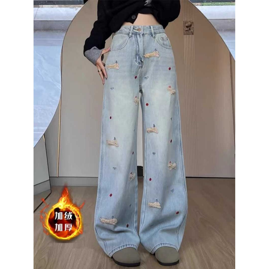 浅蓝色刺绣小狗阔腿牛仔裤女春秋季加绒2026新款宽松显瘦直筒长裤,女装/女士精品,牛仔裤,淘宝优惠券,粉丝福利购,淘宝优惠卷