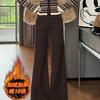 咖色加绒加厚窄版阔腿裤女新款秋冬高腰宽松显瘦垂感小个子微喇裤