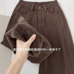 咖色加绒加厚弯刀牛仔裤女2025年秋冬新款大码胖mm高腰显瘦阔腿裤