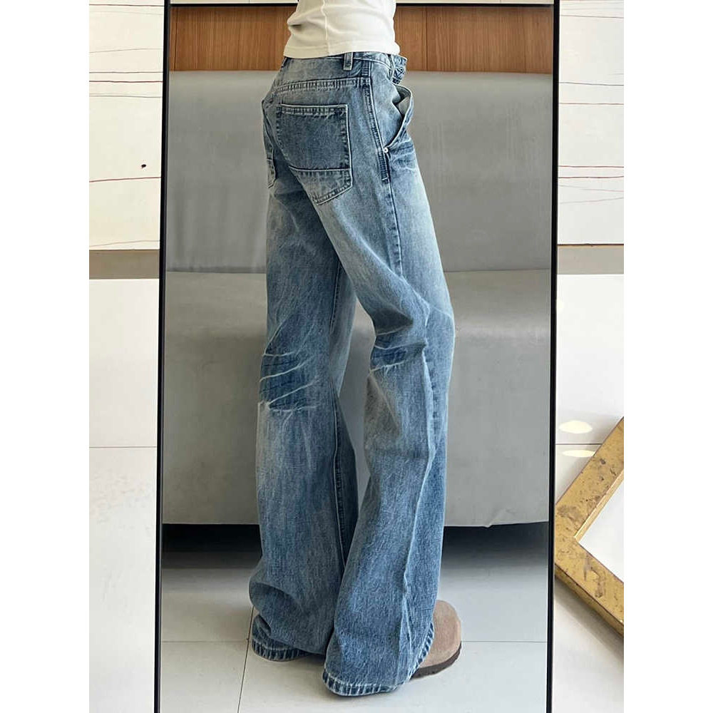 美式复古蓝水洗微喇牛仔裤女春季新款低腰宽松显瘦垂感直筒喇叭裤