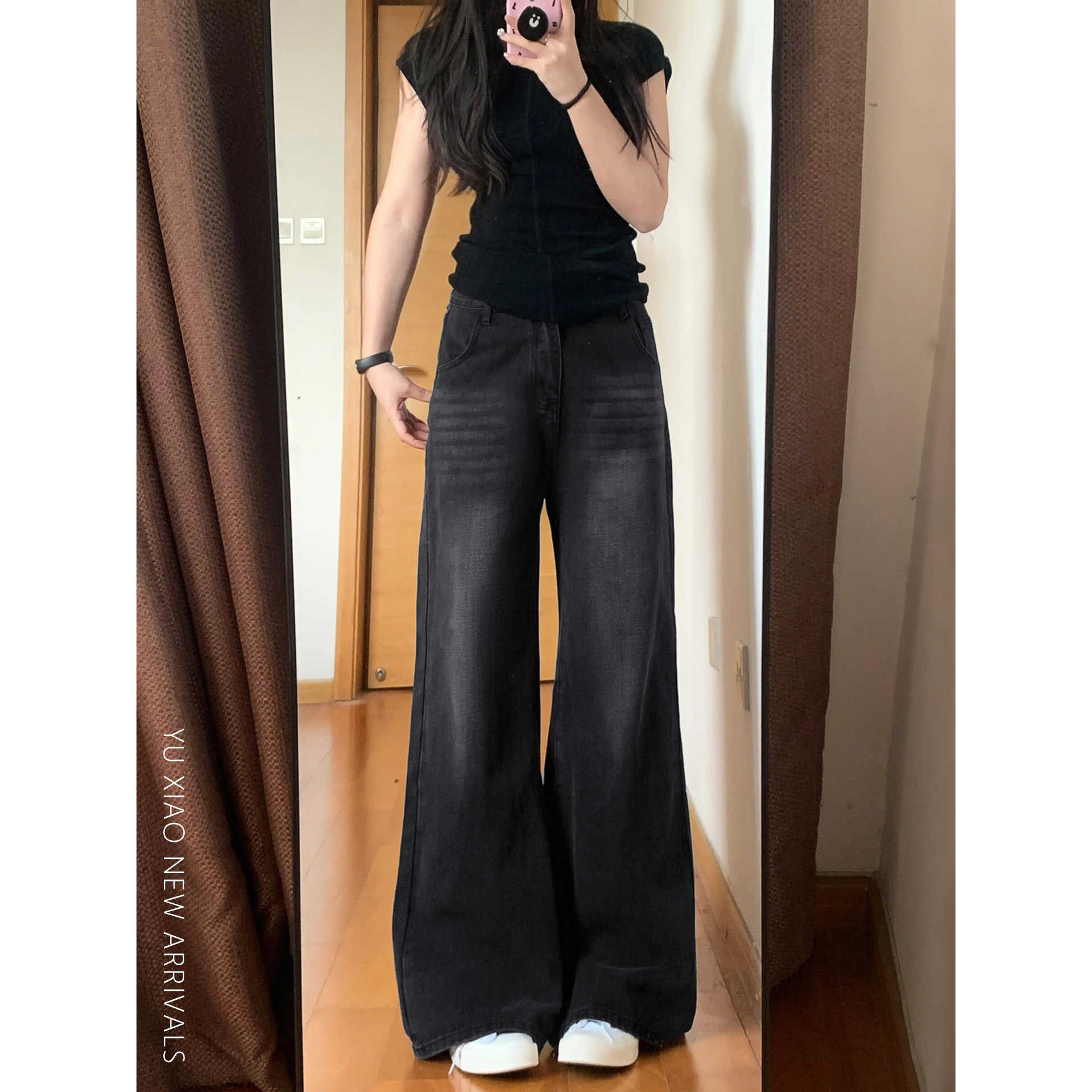 黑灰色阔腿牛仔裤女春季新款高腰宽松大码胖mm显瘦梨形身材直筒裤