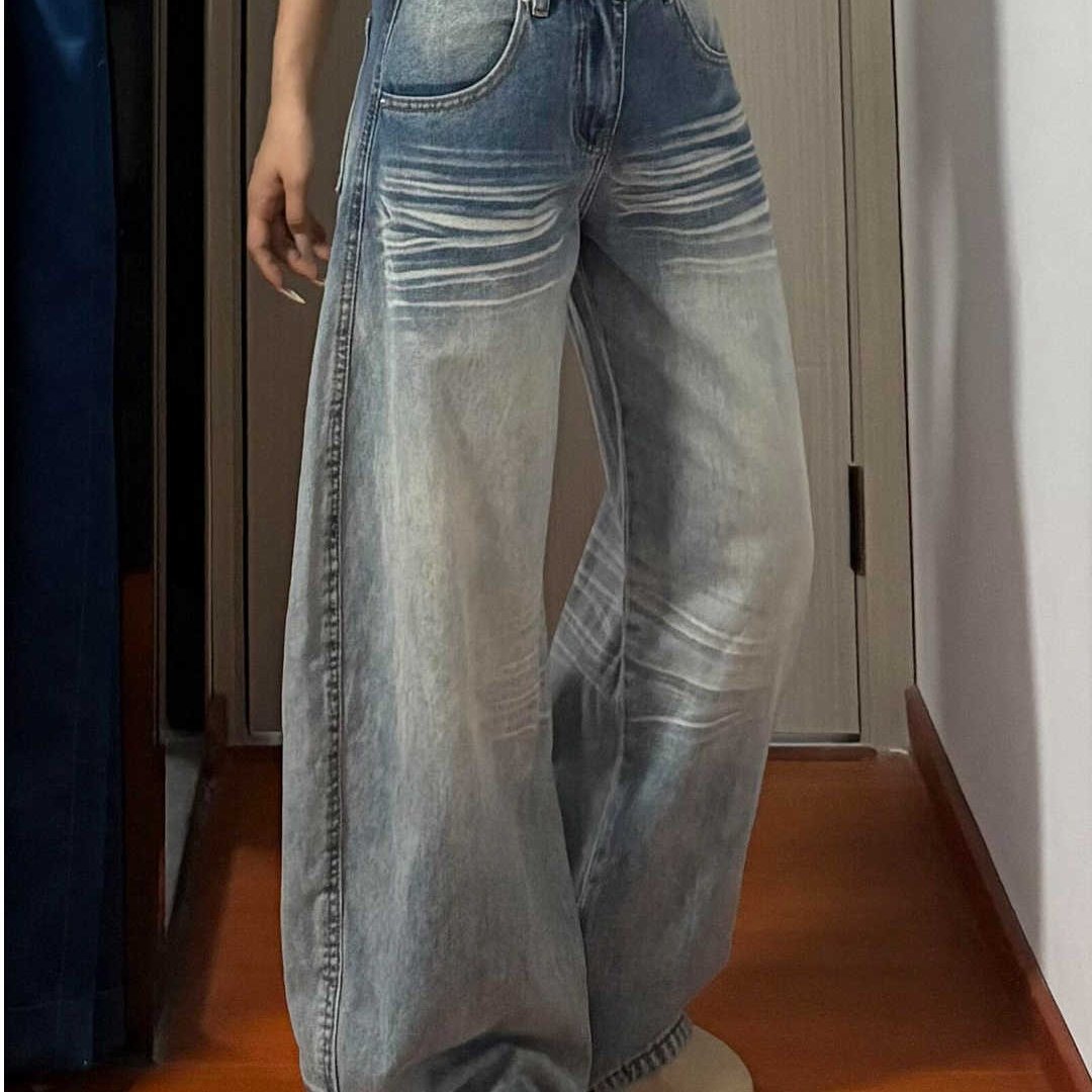 美式复古阔腿牛仔裤女春季薄款低腰水洗蓝宽松显瘦垂感直筒拖地裤