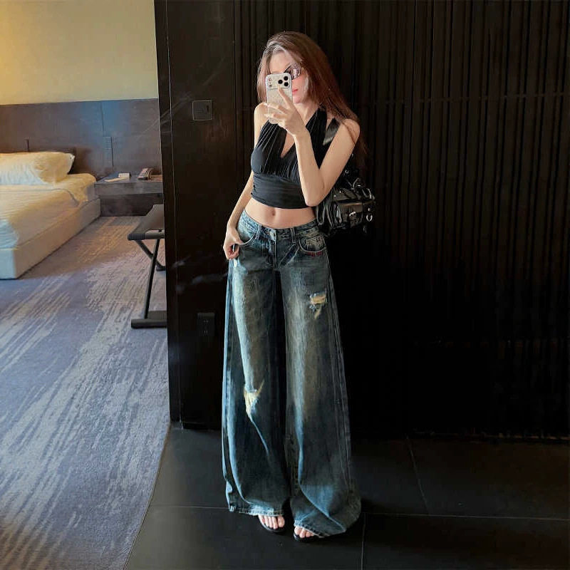 辣妹低腰破洞阔腿牛仔裤女2026夏季薄款宽松显瘦百搭拖地长裤子潮