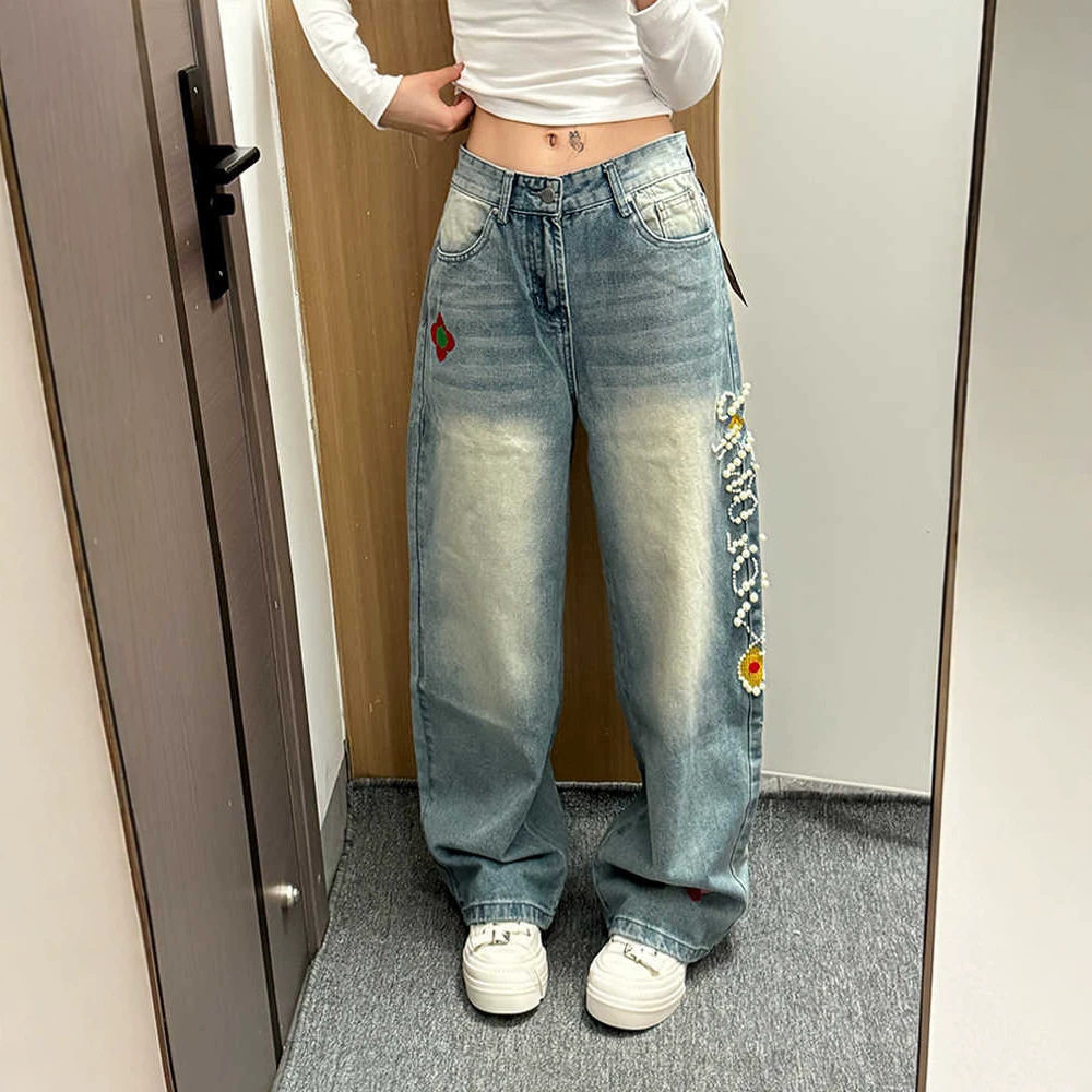 美式辣妹设计感花卉刺绣牛仔裤子女复古时尚立体珍珠拼接拖地长裤