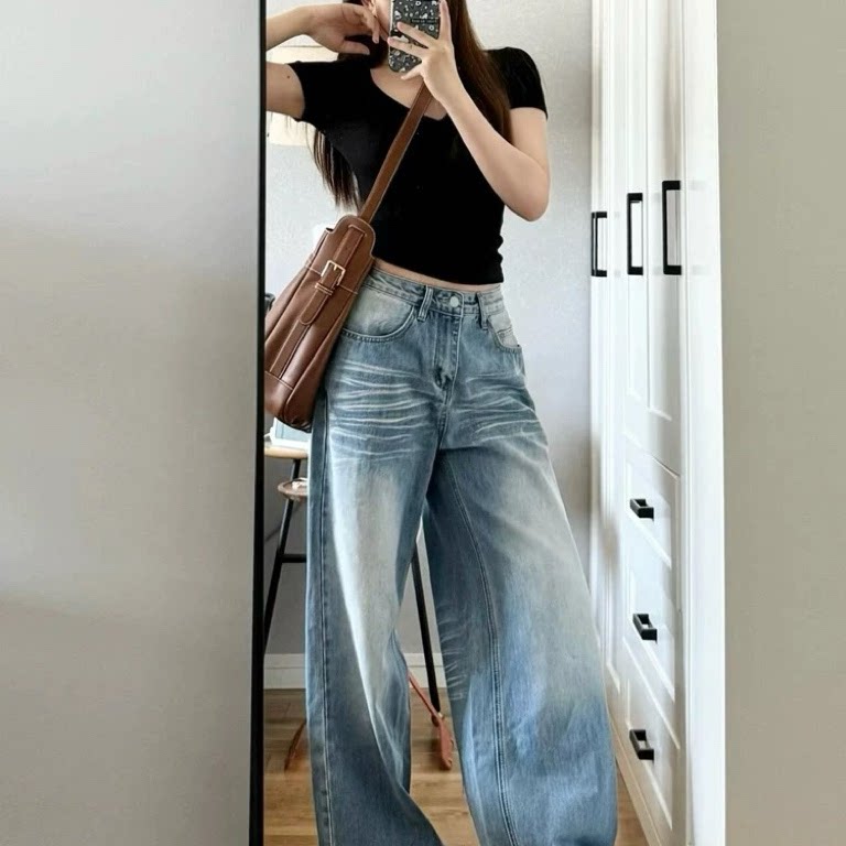 美式复古浅色阔腿牛仔裤女2025新款水洗宽松显瘦垂感直筒拖地裤子,女装/女士精品,牛仔裤,淘宝优惠券,粉丝福利购,淘宝优惠卷