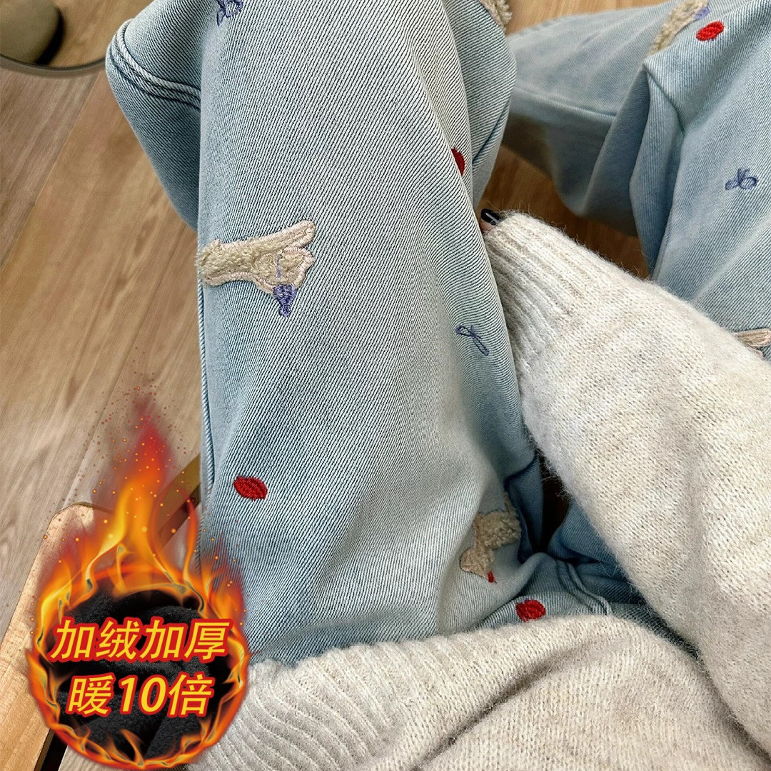 圣诞刺绣小狗加绒阔腿牛仔裤女2026冬季新款高腰显瘦宽松直筒裤子