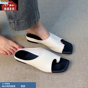 牛皮版~百搭休闲方头套趾一字拖鞋女外穿气质温柔露趾平底凉拖