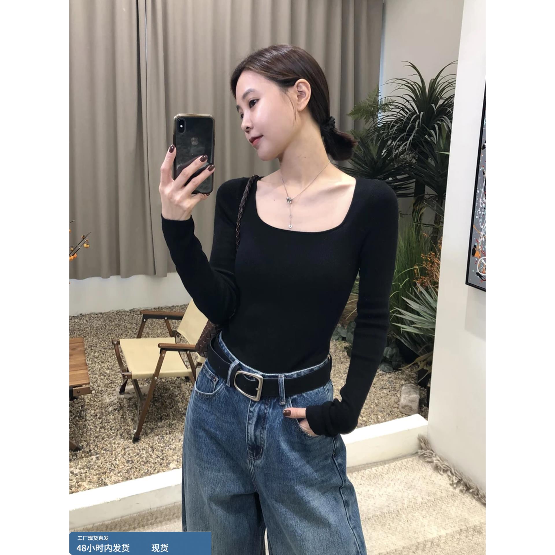 韩系方领长袖针织t恤女春秋新款巨好看修身收腰显瘦内搭打底上衣