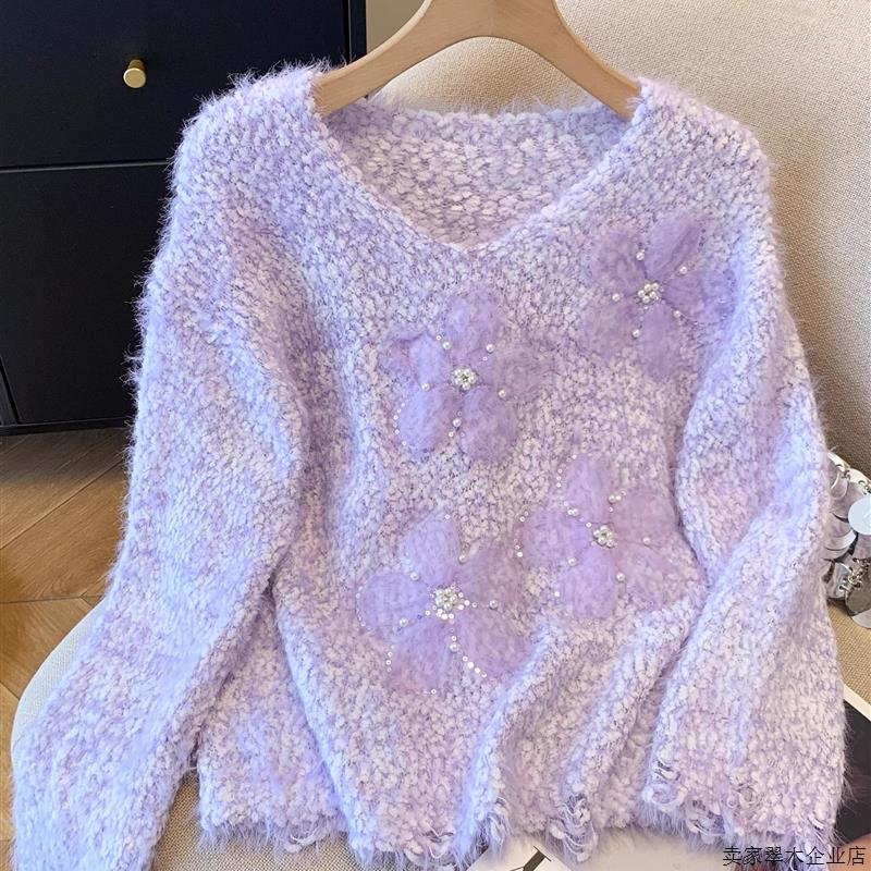 钉珠立体花朵圆领毛衣女2025秋冬新款漂亮百搭打底衫加厚短款上衣