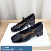 通勤高跟鞋 法式 软皮粗跟浅口单鞋 2025秋新款 方头一字带玛丽珍女鞋