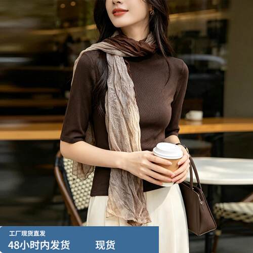 时尚中袖T恤女2026秋季新款气质修身显瘦氛围感带丝巾百搭上衣潮