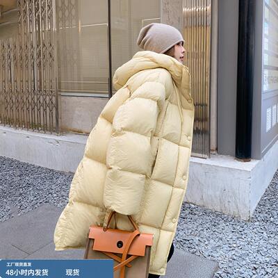 奶黄色云朵泡芙羽绒服女冬季中长款小个子连帽加厚90白鸭绒面包服