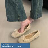瓢鞋 毛茸茸温柔方头蝴蝶结毛毛鞋 女秋冬外穿一脚蹬加绒平底单鞋