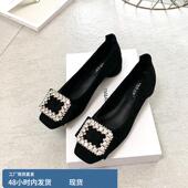 方头绒面方扣百搭浅口低跟女鞋 法式 黑色 女粗跟2025春新款 水钻单鞋
