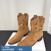 单靴 空心星方头马丁靴春秋季 覆古西部牛仔靴短靴女式 厚跟2025新款