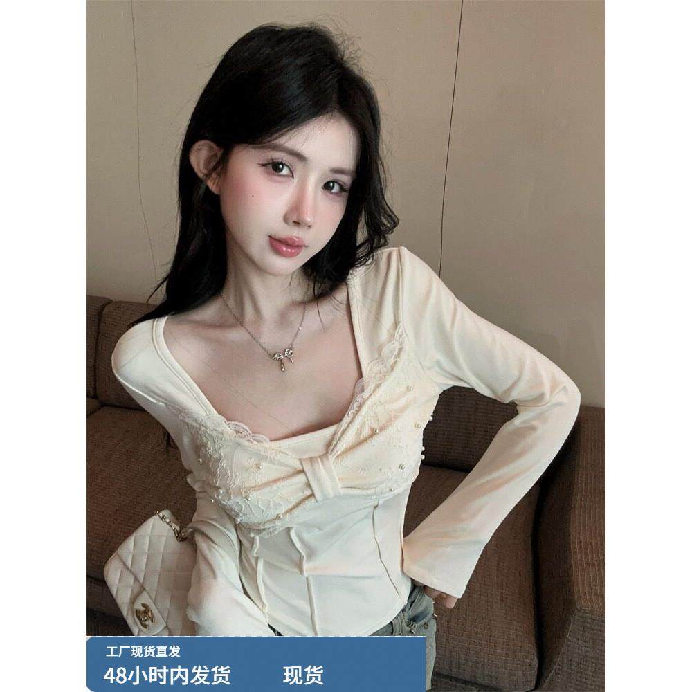小香风蝴蝶结蕾丝打底衫女内搭秋冬新款纯欲辣妹方领鱼骨时尚上衣