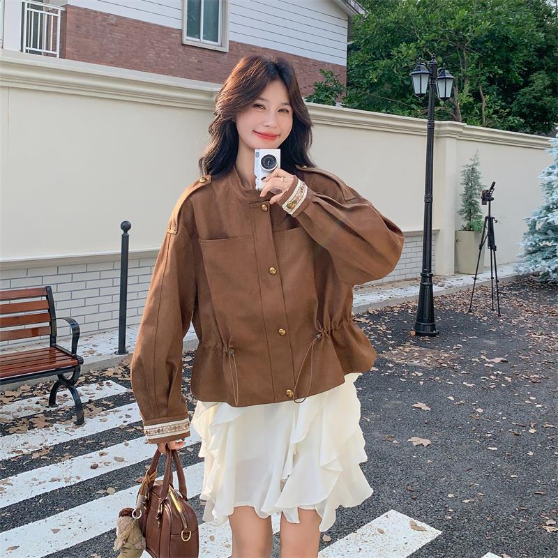 减龄立领卡其色麂皮绒短外套女春秋2025新款巨好看爆款松弛夹克