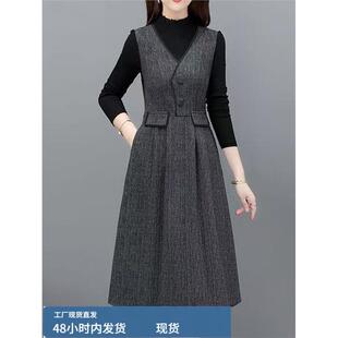 灰色假两件连衣裙女2025秋季新款中老年妈妈装中长款裙子韩版