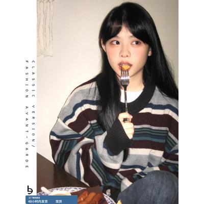 覆古条纹圆领毛衣女秋冬小个子宽松慵懒风软糯针织衫撞色套头上衣