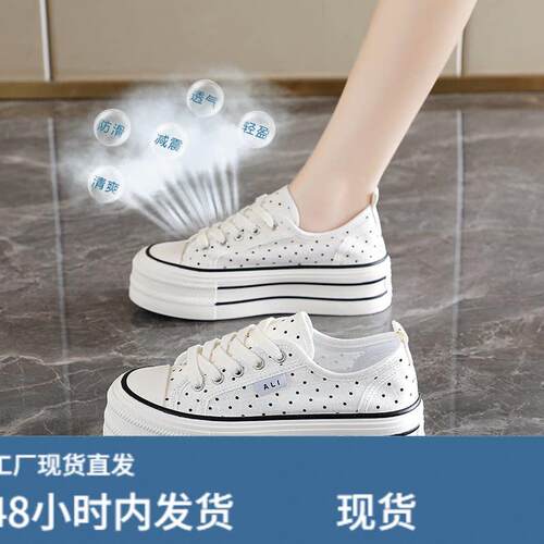 波点厚底帆布鞋女2026亚麻薄款透气软底休闲板鞋小个子增高小白鞋