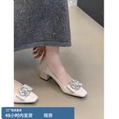 配裙子高跟工作单鞋 羊皮版 女新款 高级感方头山茶花水钻单鞋 法式